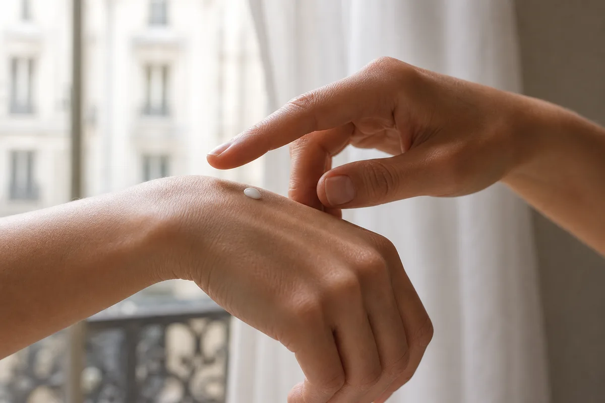 Mains déposant une noisette de soin sur le dos de la main devant une fenêtre, intérieur français lumineux, aucun visage visible