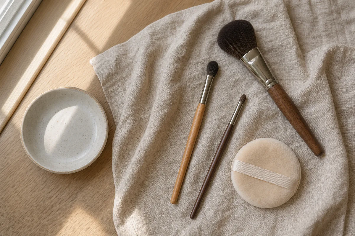 Pinceaux de maquillage et houppette posés sur un linge de lin près d&rsquo;une fenêtre, intérieur domestique français, lumière douce