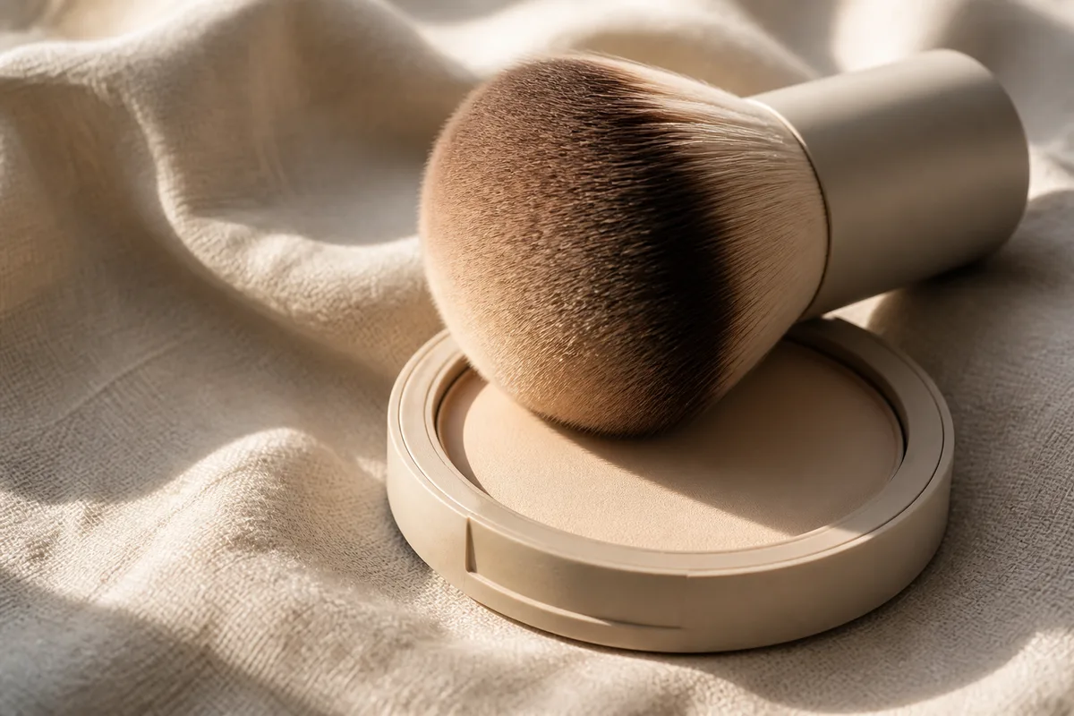 Pinceau kabuki dense pose sur un boitier de poudre compacte, lumiere naturelle douce