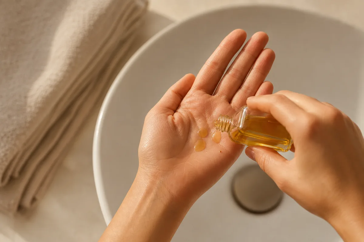 Mains versant quelques gouttes d&rsquo;huile démaquillante dans la paume au-dessus d&rsquo;un lavabo