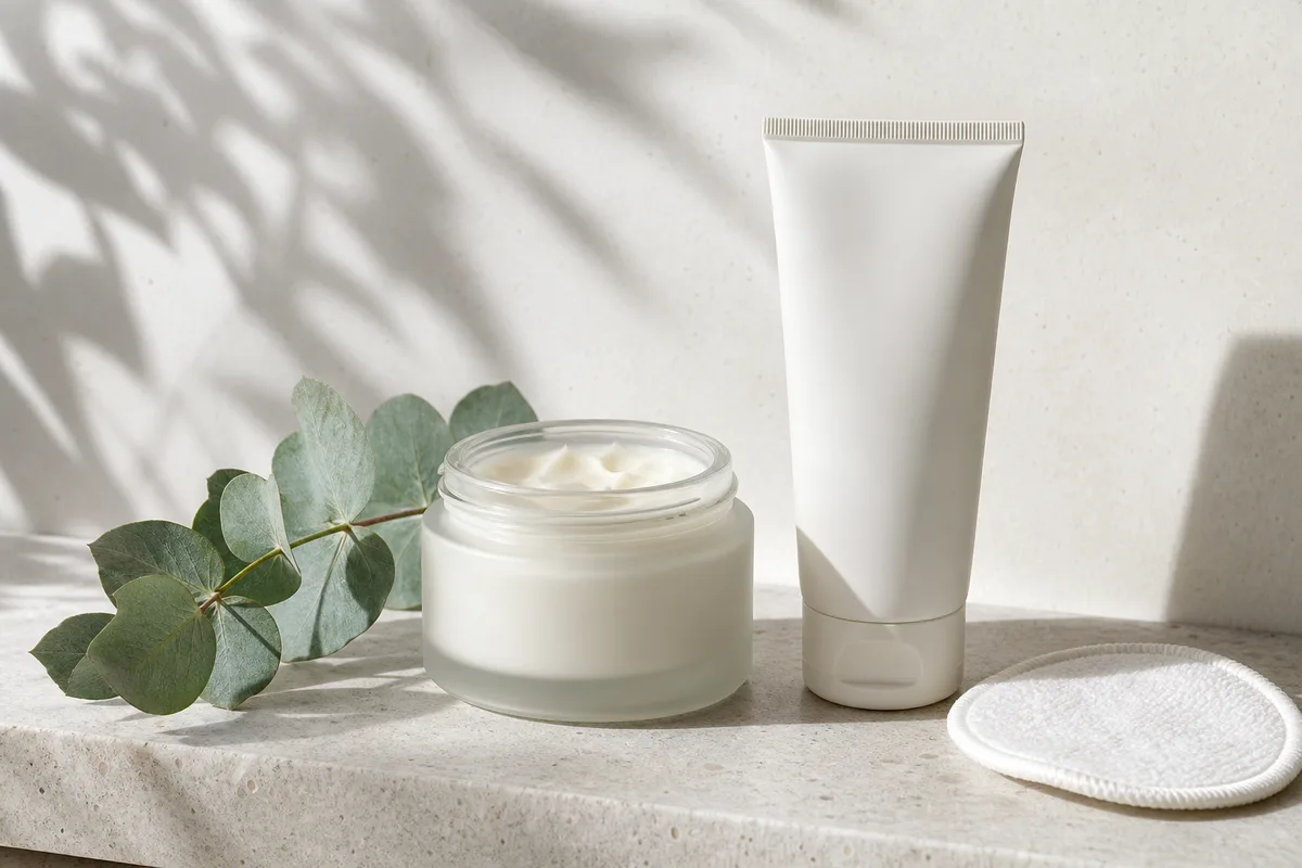 Baume démaquillant et gel nettoyant posés sur une tablette de salle de bain claire