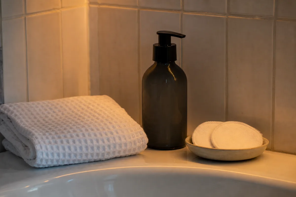 Serviette en coton et flacon sans étiquette près d&rsquo;un lavabo, lumière douce du soir