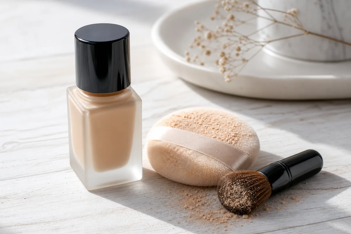 Flacon de fond de teint et houppette de poudre libre posés sur une surface claire, gros plan produit, lumière naturelle