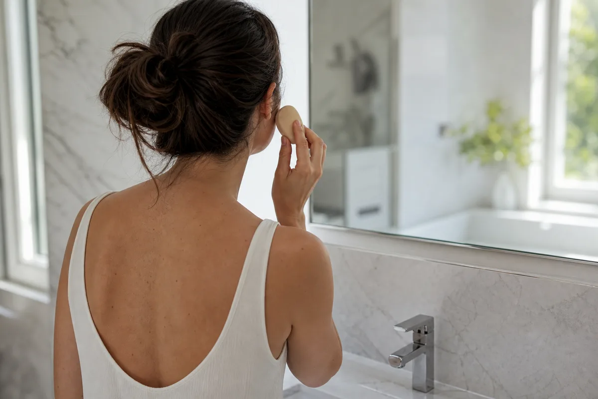 Femme de dos ajustant son maquillage devant un miroir dans une salle de bain lumineuse, cadrage large, aucun visage visible